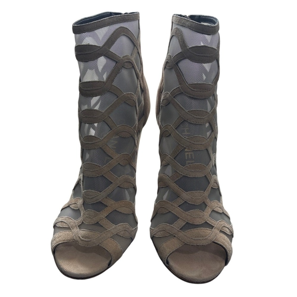 Chanel Taupe Suede Cage Booties EU 36 Peep Toe Heels 3.5"